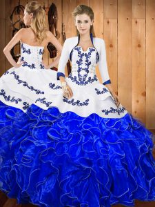 Strapless Sleeveless Lace Up Quinceanera Gowns Blue And White Satin and Organza