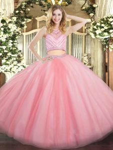 Floor Length Baby Pink Sweet 16 Dress Tulle Sleeveless Beading