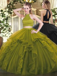 Inexpensive Organza Halter Top Sleeveless Backless Beading and Ruffles Vestidos de Quinceanera in Olive Green