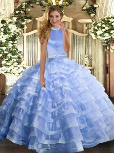 Traditional Blue Organza Backless Halter Top Sleeveless Floor Length Quinceanera Gown Beading and Ruffled Layers