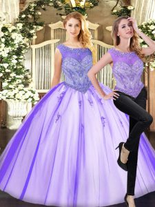 Noble Scoop Sleeveless Zipper Ball Gown Prom Dress Lavender Tulle