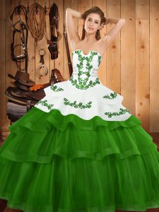 Green Ball Gowns Strapless Sleeveless Tulle Sweep Train Lace Up Embroidery and Ruffled Layers Quinceanera Dress