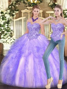 Sweet Lavender Lace Up Sweet 16 Dress Appliques and Ruffles Sleeveless Floor Length
