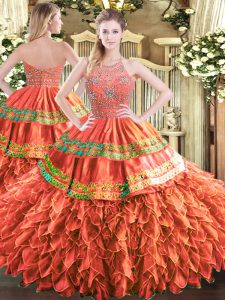 Rust Red Sleeveless Beading and Ruffles and Sequins Floor Length 15th Birthday Dress