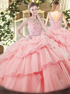 Tulle Bateau Sleeveless Zipper Beading and Ruffles and Pick Ups Quinceanera Dresses in Baby Pink