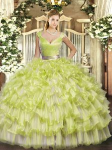 Designer Ruffled Layers Sweet 16 Dress Yellow Green Zipper Sleeveless Floor Length