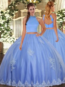 Baby Blue Ball Gowns Halter Top Sleeveless Tulle Floor Length Backless Beading and Appliques 15th Birthday Dress