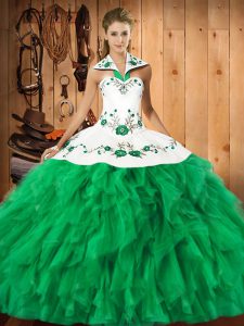 Excellent Green Ball Gowns Satin and Organza Halter Top Sleeveless Embroidery and Ruffles Floor Length Lace Up 15 Quinceanera Dress