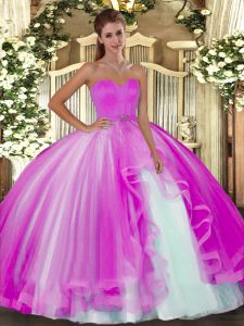 Unique Fuchsia Tulle Lace Up Sweetheart Sleeveless Floor Length Sweet 16 Quinceanera Dress Beading
