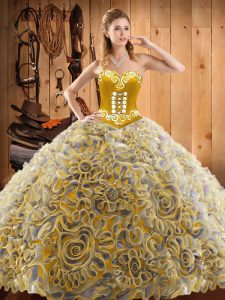 Sweep Train Ball Gowns 15th Birthday Dress Multi-color Sweetheart Satin and Fabric With Rolling Flowers Sleeveless With Train Lace Up