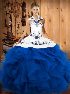 Floor Length Blue Vestidos de Quinceanera Tulle Sleeveless Embroidery and Ruffles