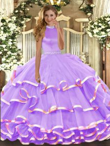 Lavender Sweet 16 Dress Military Ball and Sweet 16 and Quinceanera with Beading and Ruffled Layers Halter Top Sleeveless Backless