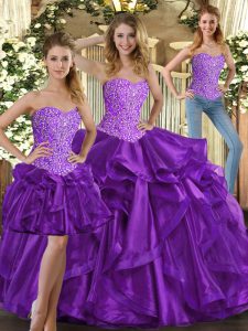 Eggplant Purple Tulle Lace Up Sweetheart Sleeveless Floor Length Sweet 16 Quinceanera Dress Beading and Ruffles