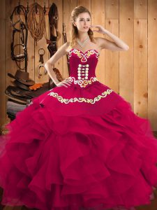 Sleeveless Satin and Organza Floor Length Lace Up 15 Quinceanera Dress in Fuchsia with Embroidery and Ruffles