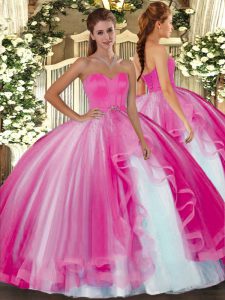 Trendy Tulle Sweetheart Sleeveless Lace Up Beading Quinceanera Dress in Hot Pink