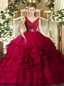 Sexy V-neck Sleeveless Organza Quinceanera Gowns Beading and Ruffles Backless