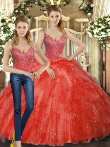 Beautiful Red Sleeveless Beading and Ruffles Floor Length Vestidos de Quinceanera