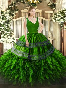Delicate Green Sleeveless Organza Backless Quinceanera Gown for Military Ball and Sweet 16 and Quinceanera