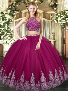 Stunning Fuchsia Two Pieces Tulle High-neck Sleeveless Beading and Appliques Floor Length Zipper Quinceanera Gowns