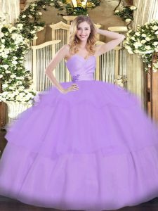Chic Lavender Ball Gowns Organza Sweetheart Sleeveless Beading and Ruffled Layers Floor Length Lace Up 15th Birthday Dress
