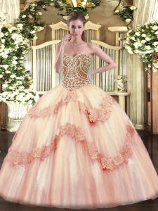 On Sale Pink Lace Up Sweetheart Beading and Appliques Ball Gown Prom Dress Tulle Sleeveless