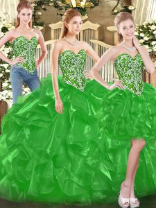 Popular Green Tulle Lace Up Sweetheart Sleeveless Floor Length 15th Birthday Dress Beading and Ruffles