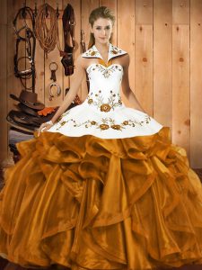 Most Popular Brown Ball Gowns Satin and Organza Halter Top Sleeveless Embroidery and Ruffles Floor Length Lace Up Quinceanera Gowns