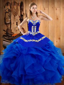 Ball Gowns Ball Gown Prom Dress Royal Blue Sweetheart Satin and Organza Sleeveless Floor Length Lace Up