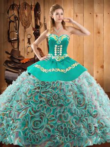 Noble Sweetheart Sleeveless 15 Quinceanera Dress Brush Train Embroidery Multi-color Satin and Fabric With Rolling Flowers
