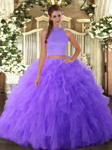 Admirable Lavender Halter Top Neckline Beading and Ruffles Quinceanera Gown Sleeveless Backless