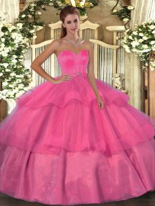 Hot Pink Quinceanera Dresses Military Ball and Sweet 16 and Quinceanera with Beading and Ruffled Layers Sweetheart Sleeveless Lace Up