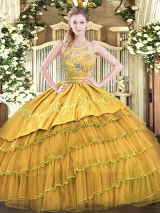Sleeveless Satin and Organza Floor Length Zipper Sweet 16 Quinceanera Dress in Gold with Beading and Embroidery and Ruffled Layers