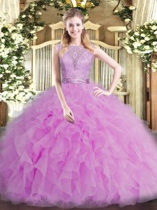 Shining Lilac Scoop Neckline Beading and Ruffles Quinceanera Dresses Sleeveless Backless