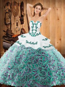 Traditional Sleeveless Satin and Fabric With Rolling Flowers With Train Sweep Train Lace Up 15th Birthday Dress in Multi-color with Embroidery