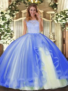 Blue Scoop Clasp Handle Lace and Ruffles Quinceanera Gowns Sleeveless