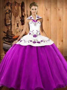 Popular Floor Length Fuchsia 15 Quinceanera Dress Satin and Tulle Sleeveless Embroidery