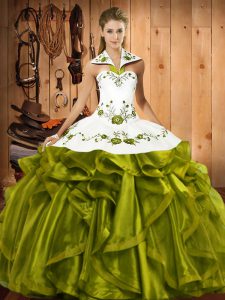Sleeveless Satin and Organza Floor Length Lace Up Sweet 16 Dress in Olive Green with Embroidery and Ruffles