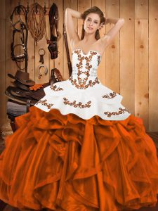 Satin and Organza Strapless Sleeveless Lace Up Embroidery and Ruffles Sweet 16 Dresses in Orange Red