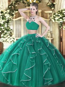 Elegant Sleeveless Tulle Floor Length Backless 15th Birthday Dress in Turquoise with Beading and Ruffles