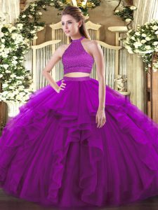 Purple Tulle Backless Halter Top Sleeveless Floor Length Sweet 16 Dress Beading and Ruffles