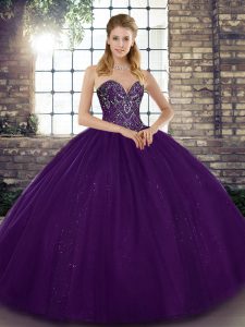 Fashion Sleeveless Floor Length Beading Lace Up Sweet 16 Quinceanera Dress with Purple