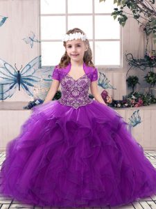 Purple Ball Gowns Tulle Straps Sleeveless Beading and Ruffles Floor Length Lace Up Pageant Gowns For Girls