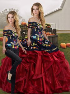 Red And Black Vestidos de Quinceanera Military Ball and Sweet 16 and Quinceanera with Embroidery and Ruffles Off The Shoulder Sleeveless Lace Up