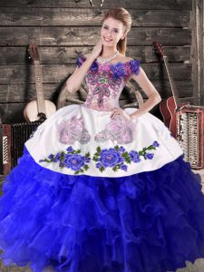 Royal Blue Off The Shoulder Lace Up Embroidery and Ruffles Quince Ball Gowns Sleeveless
