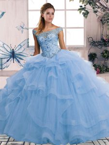 Blue Lace Up Off The Shoulder Beading and Ruffles Vestidos de Quinceanera Tulle Sleeveless