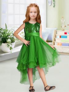 High Low Zipper Little Girl Pageant Gowns Green for Wedding Party with Sequins and Bowknot