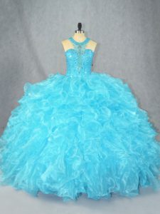 Luxury Baby Blue Ball Gowns Organza Scoop Sleeveless Beading and Ruffles Floor Length Zipper 15 Quinceanera Dress