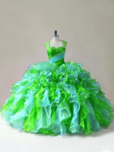 Sleeveless Organza Floor Length Zipper 15 Quinceanera Dress in Multi-color with Beading and Ruffles