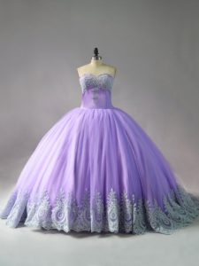 Luxury Lavender Tulle Lace Up Ball Gown Prom Dress Sleeveless Court Train Appliques
