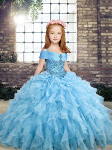 Latest Straps Sleeveless Organza Little Girls Pageant Dress Beading and Ruffles Lace Up